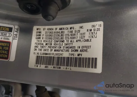 2015 Honda Cr-V Ex из США, поврежденный, VIN 5J6RM4H51FL083247